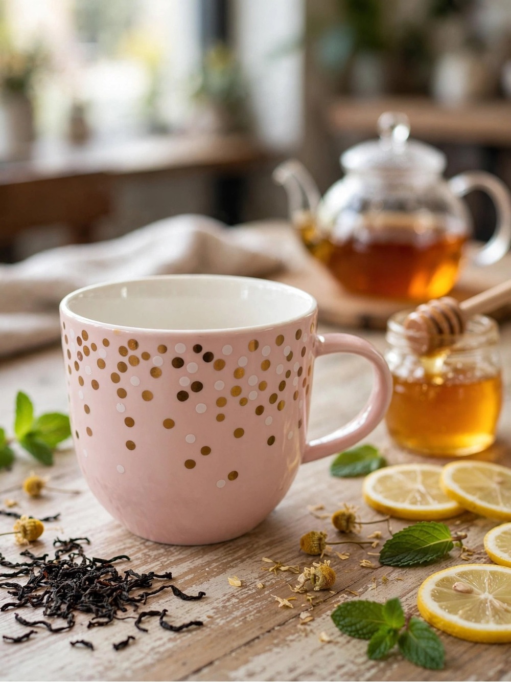DAVIDsTEA Pink & Gold Polka Dot Mug
